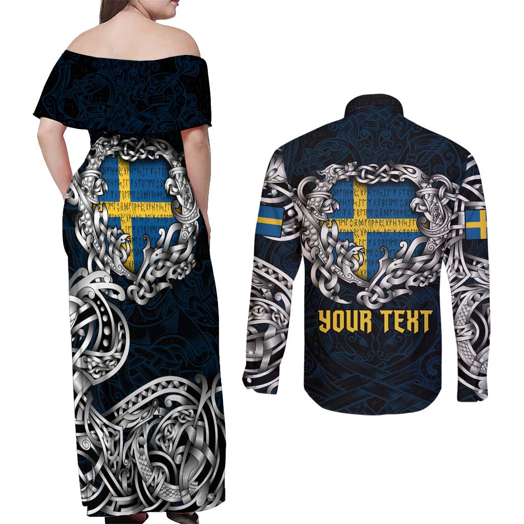 Personalized Sweden Viking Blood Couples Matching Off Shoulder Maxi Dress and Long Sleeve Button Shirt Nordic Runes and Shield of Ancestry in Tribal Knotwork