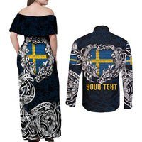 Personalized Sweden Viking Blood Couples Matching Off Shoulder Maxi Dress and Long Sleeve Button Shirt Nordic Runes and Shield of Ancestry in Tribal Knotwork