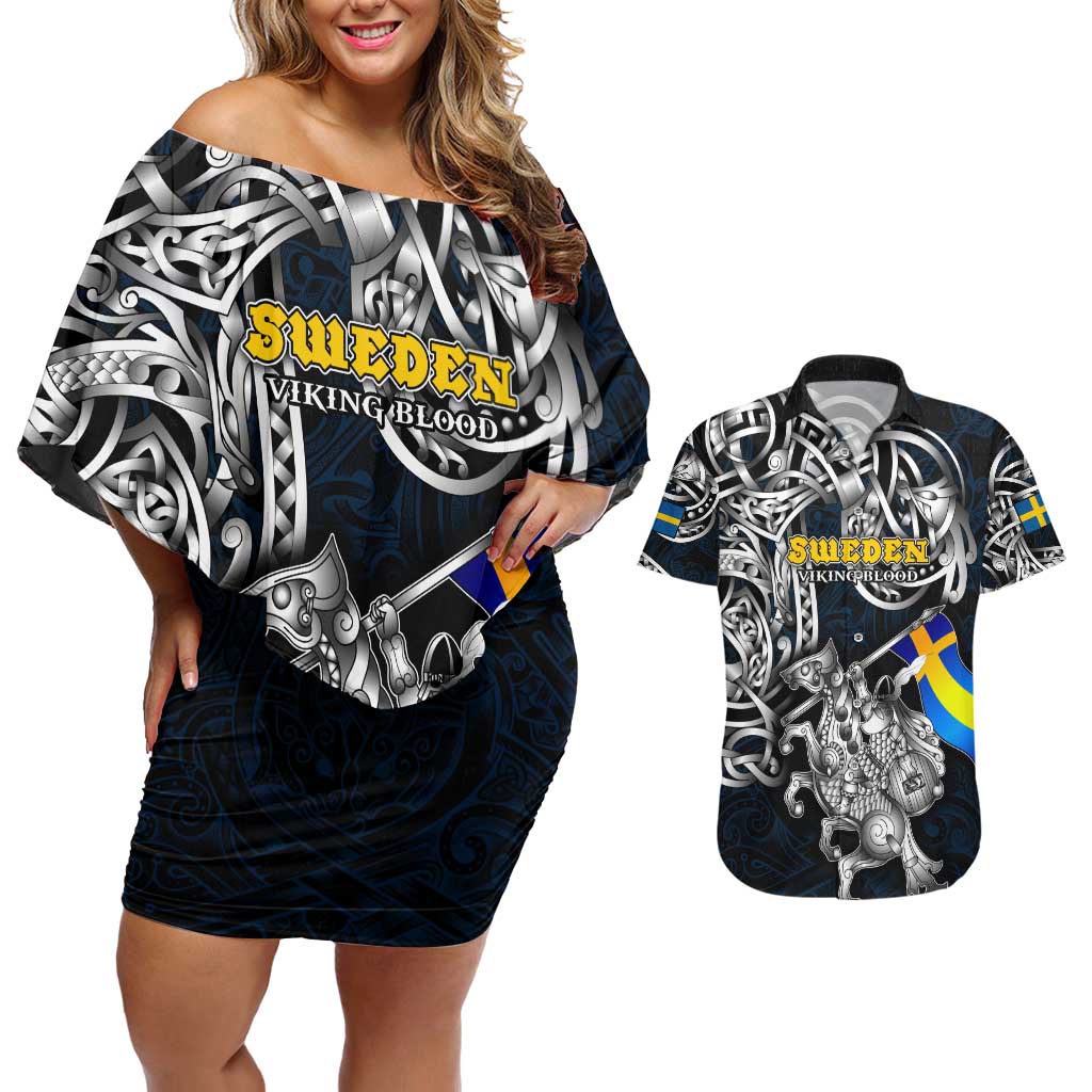 Personalized Sweden Viking Blood Couples Matching Off Shoulder Short Dress and Hawaiian Shirt Nordic Runes and Shield of Ancestry in Tribal Knotwork