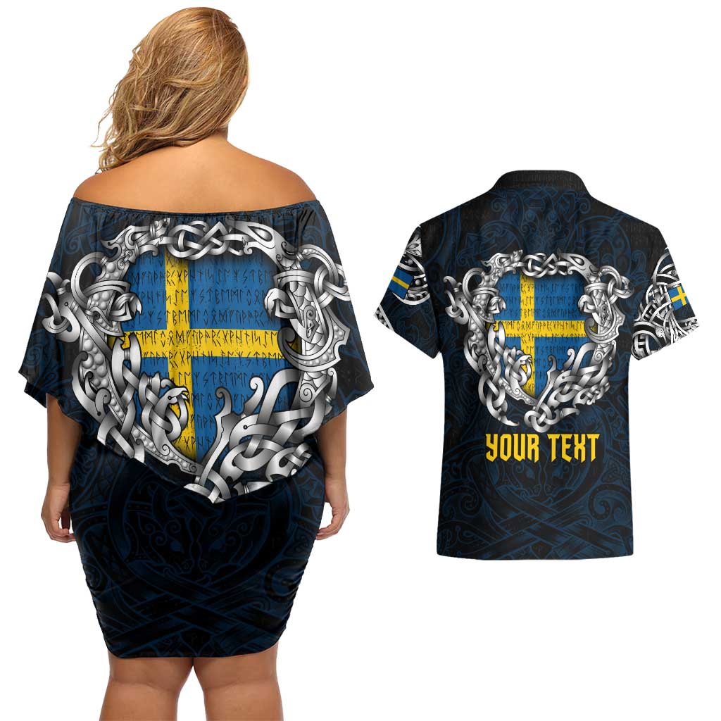Personalized Sweden Viking Blood Couples Matching Off Shoulder Short Dress and Hawaiian Shirt Nordic Runes and Shield of Ancestry in Tribal Knotwork