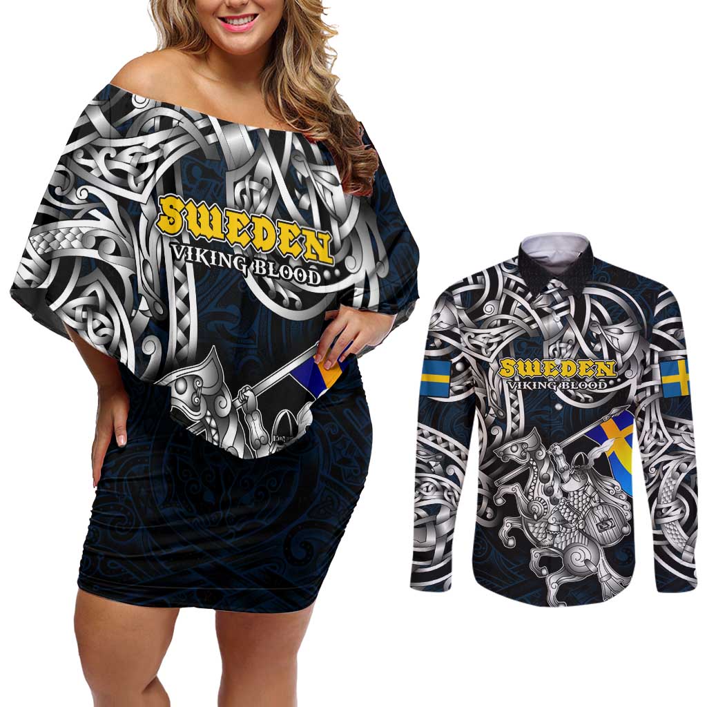 Personalized Sweden Viking Blood Couples Matching Off Shoulder Short Dress and Long Sleeve Button Shirt Nordic Runes and Shield of Ancestry in Tribal Knotwork