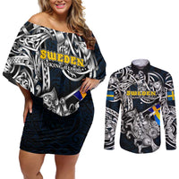 Personalized Sweden Viking Blood Couples Matching Off Shoulder Short Dress and Long Sleeve Button Shirt Nordic Runes and Shield of Ancestry in Tribal Knotwork