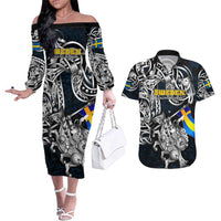 Personalized Sweden Viking Blood Couples Matching Off The Shoulder Long Sleeve Dress and Hawaiian Shirt Nordic Runes and Shield of Ancestry in Tribal Knotwork
