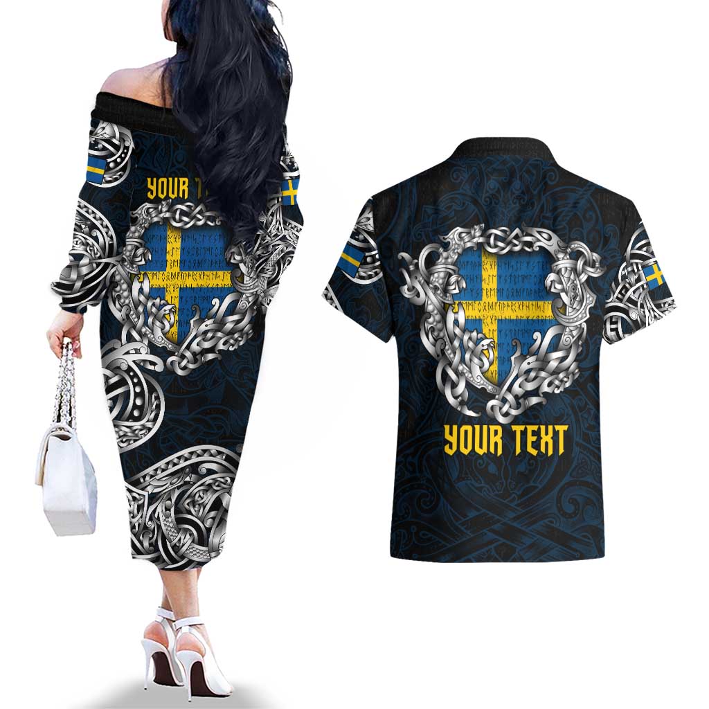 Personalized Sweden Viking Blood Couples Matching Off The Shoulder Long Sleeve Dress and Hawaiian Shirt Nordic Runes and Shield of Ancestry in Tribal Knotwork