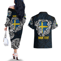 Personalized Sweden Viking Blood Couples Matching Off The Shoulder Long Sleeve Dress and Hawaiian Shirt Nordic Runes and Shield of Ancestry in Tribal Knotwork