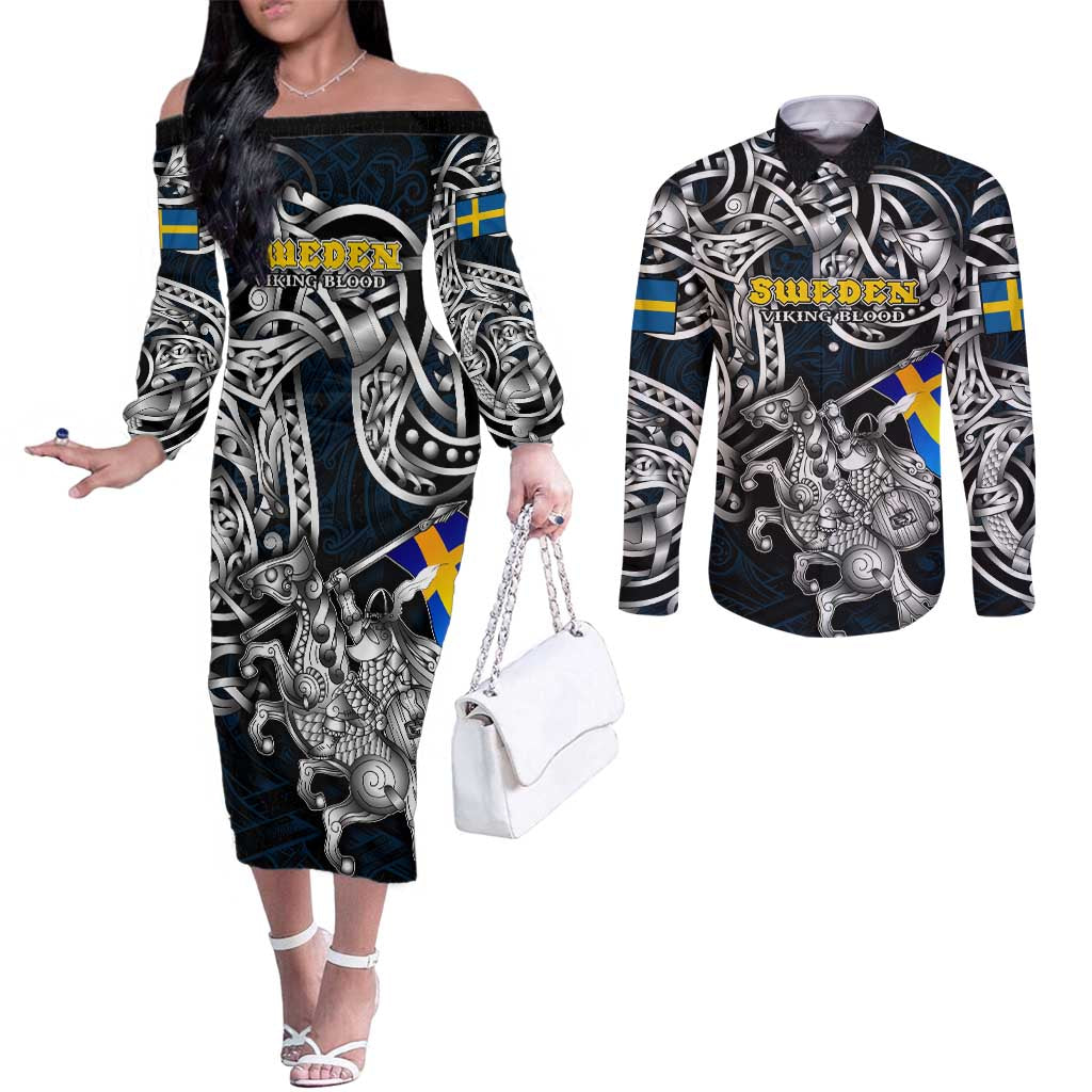 Personalized Sweden Viking Blood Couples Matching Off The Shoulder Long Sleeve Dress and Long Sleeve Button Shirt Nordic Runes and Shield of Ancestry in Tribal Knotwork