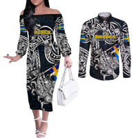 Personalized Sweden Viking Blood Couples Matching Off The Shoulder Long Sleeve Dress and Long Sleeve Button Shirt Nordic Runes and Shield of Ancestry in Tribal Knotwork