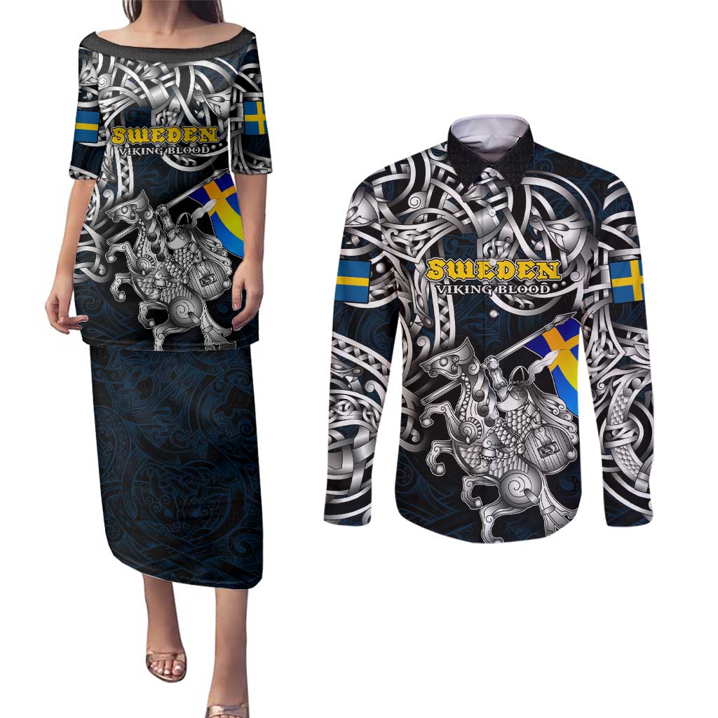 Personalized Sweden Viking Blood Couples Matching Puletasi and Long Sleeve Button Shirt Nordic Runes and Shield of Ancestry in Tribal Knotwork