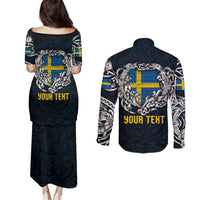 Personalized Sweden Viking Blood Couples Matching Puletasi and Long Sleeve Button Shirt Nordic Runes and Shield of Ancestry in Tribal Knotwork