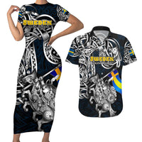 Personalized Sweden Viking Blood Couples Matching Short Sleeve Bodycon Dress and Hawaiian Shirt Nordic Runes and Shield of Ancestry in Tribal Knotwork