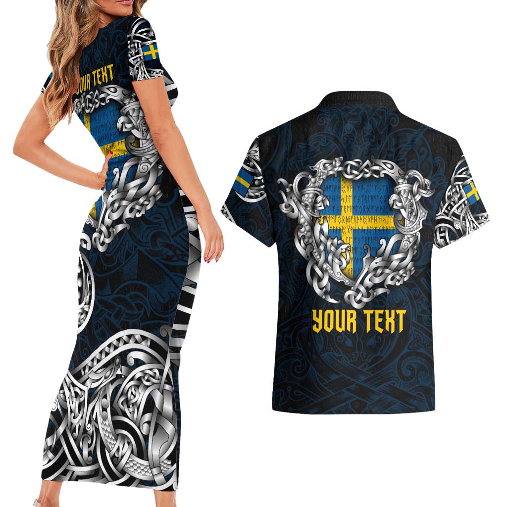 Personalized Sweden Viking Blood Couples Matching Short Sleeve Bodycon Dress and Hawaiian Shirt Nordic Runes and Shield of Ancestry in Tribal Knotwork
