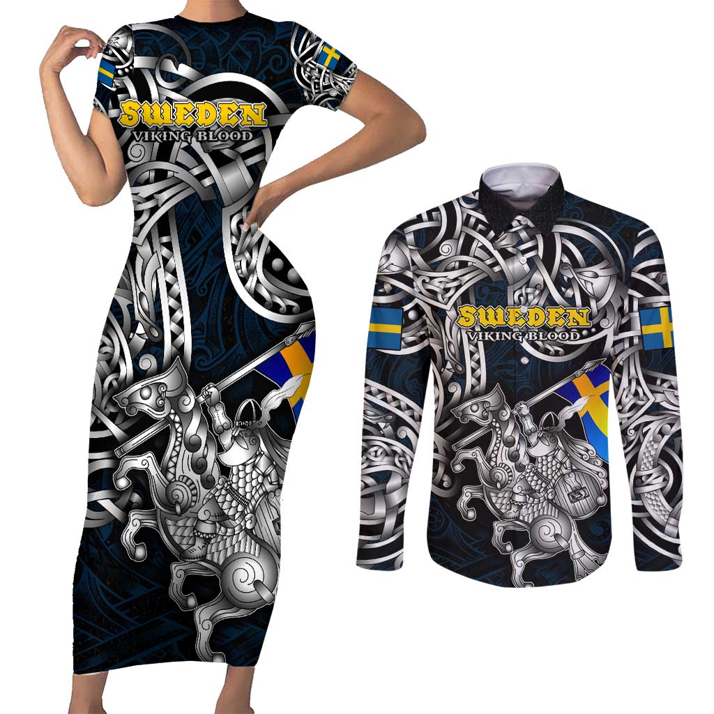 Personalized Sweden Viking Blood Couples Matching Short Sleeve Bodycon Dress and Long Sleeve Button Shirt Nordic Runes and Shield of Ancestry in Tribal Knotwork