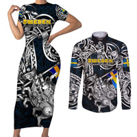 Personalized Sweden Viking Blood Couples Matching Short Sleeve Bodycon Dress and Long Sleeve Button Shirt Nordic Runes and Shield of Ancestry in Tribal Knotwork
