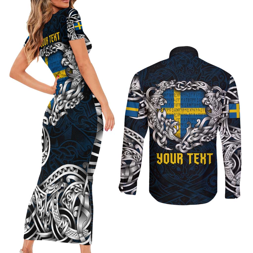 Personalized Sweden Viking Blood Couples Matching Short Sleeve Bodycon Dress and Long Sleeve Button Shirt Nordic Runes and Shield of Ancestry in Tribal Knotwork