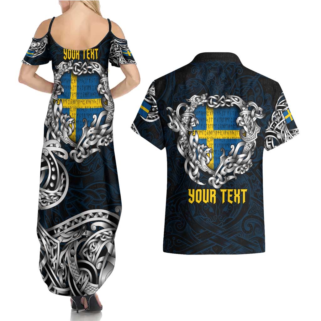 Personalized Sweden Viking Blood Couples Matching Summer Maxi Dress and Hawaiian Shirt Nordic Runes and Shield of Ancestry in Tribal Knotwork