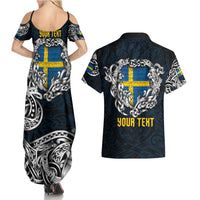 Personalized Sweden Viking Blood Couples Matching Summer Maxi Dress and Hawaiian Shirt Nordic Runes and Shield of Ancestry in Tribal Knotwork