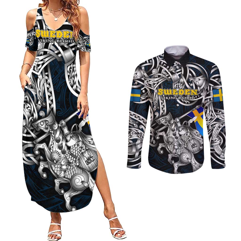 Personalized Sweden Viking Blood Couples Matching Summer Maxi Dress and Long Sleeve Button Shirt Nordic Runes and Shield of Ancestry in Tribal Knotwork
