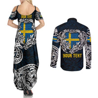 Personalized Sweden Viking Blood Couples Matching Summer Maxi Dress and Long Sleeve Button Shirt Nordic Runes and Shield of Ancestry in Tribal Knotwork