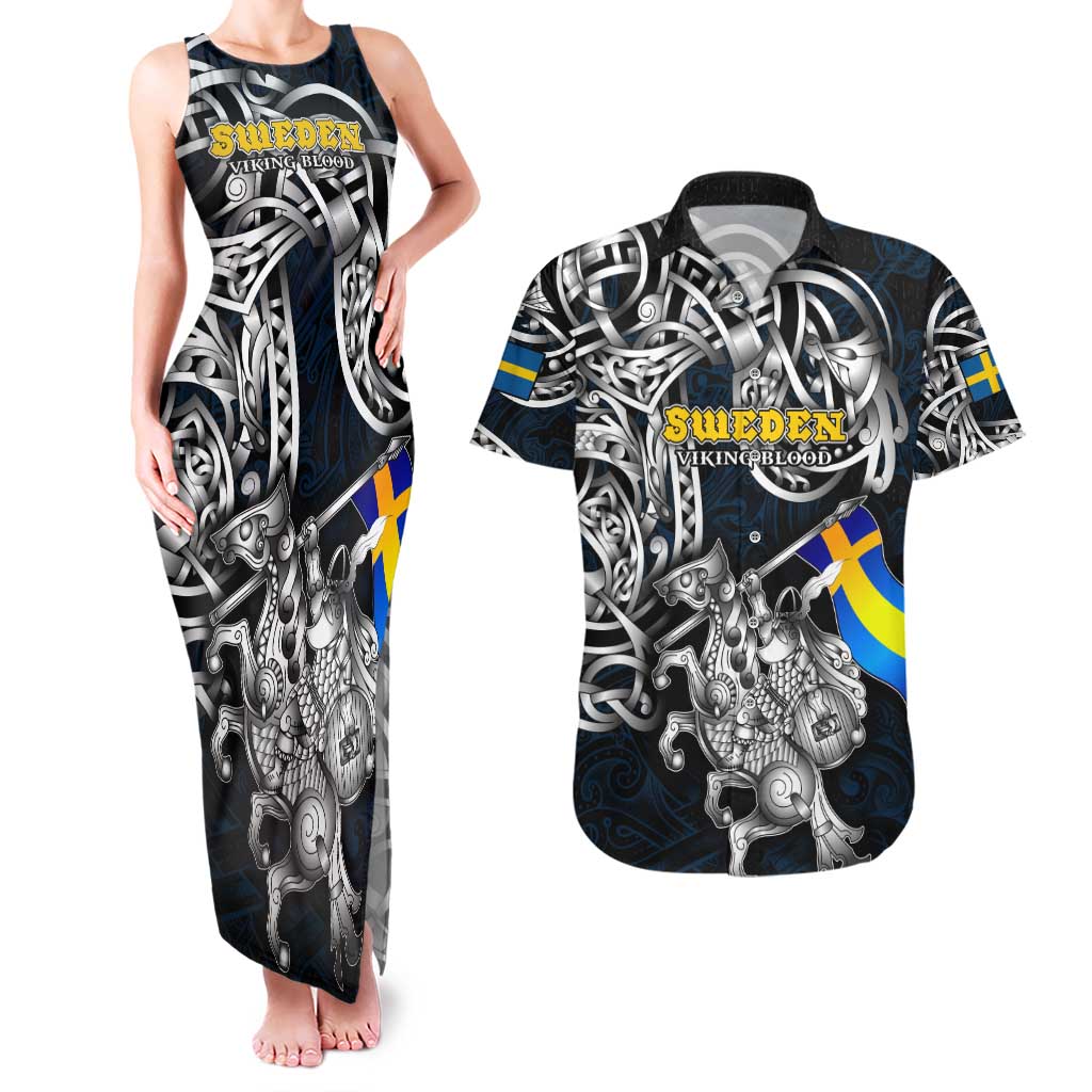 Personalized Sweden Viking Blood Couples Matching Tank Maxi Dress and Hawaiian Shirt Nordic Runes and Shield of Ancestry in Tribal Knotwork