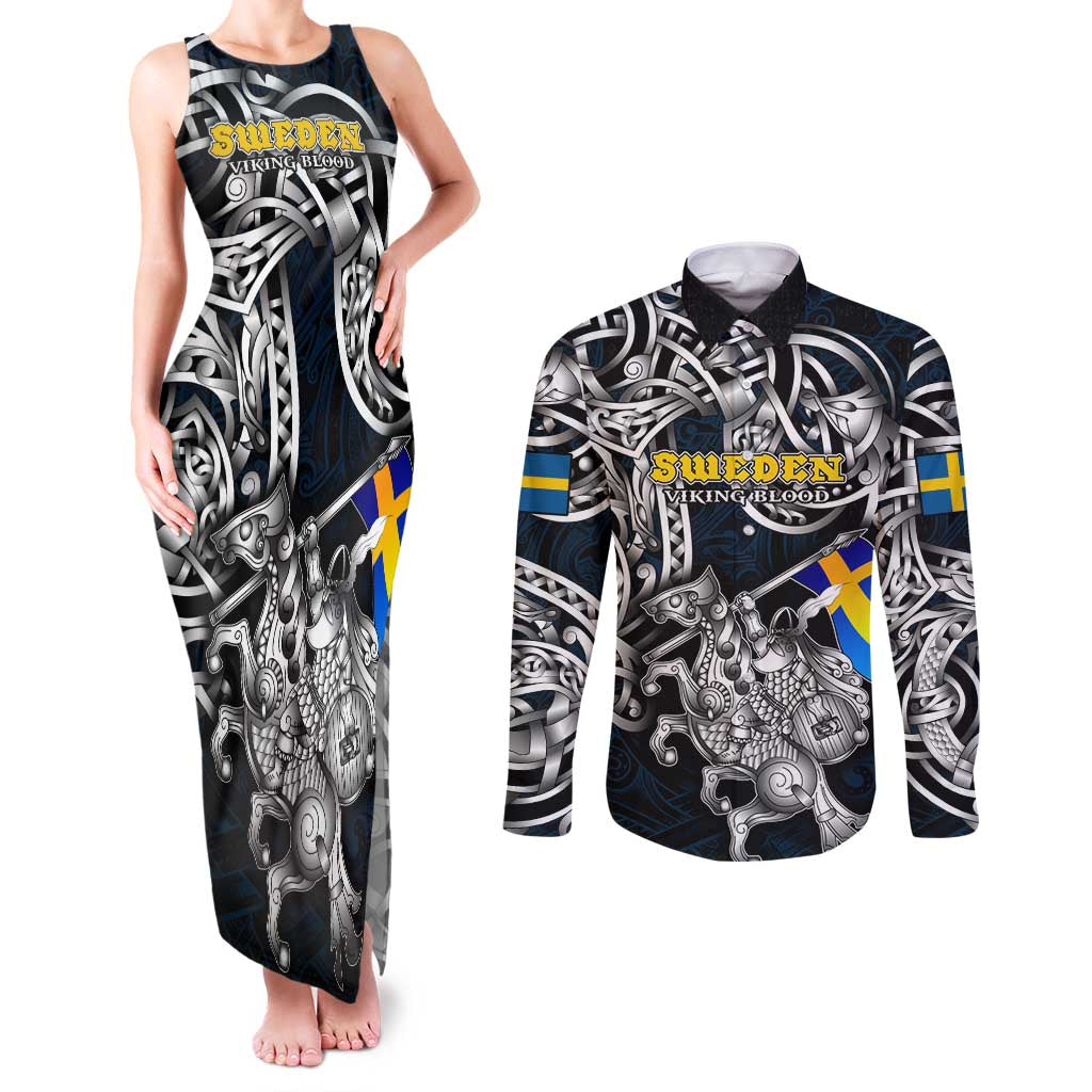 Personalized Sweden Viking Blood Couples Matching Tank Maxi Dress and Long Sleeve Button Shirt Nordic Runes and Shield of Ancestry in Tribal Knotwork