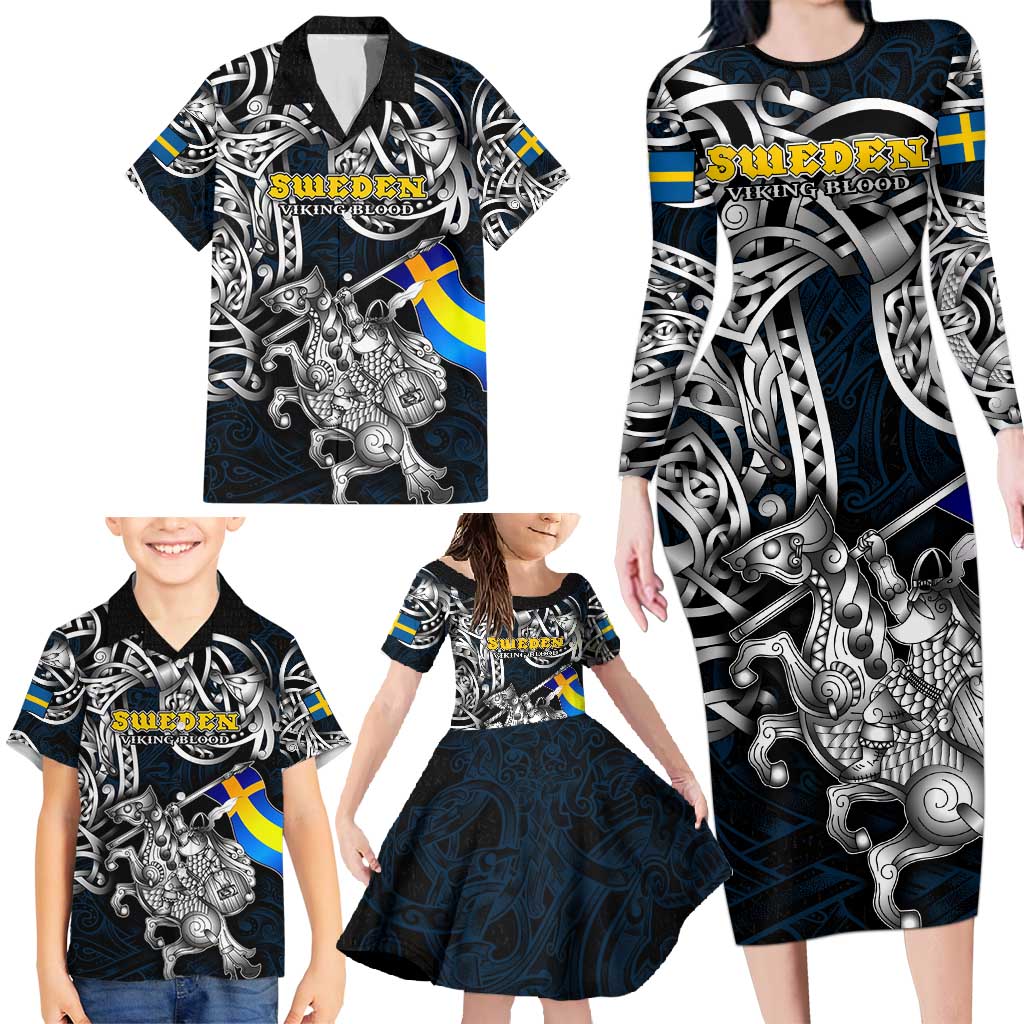 Personalized Sweden Viking Blood Family Matching Long Sleeve Bodycon Dress and Hawaiian Shirt Nordic Runes and Shield of Ancestry in Tribal Knotwork