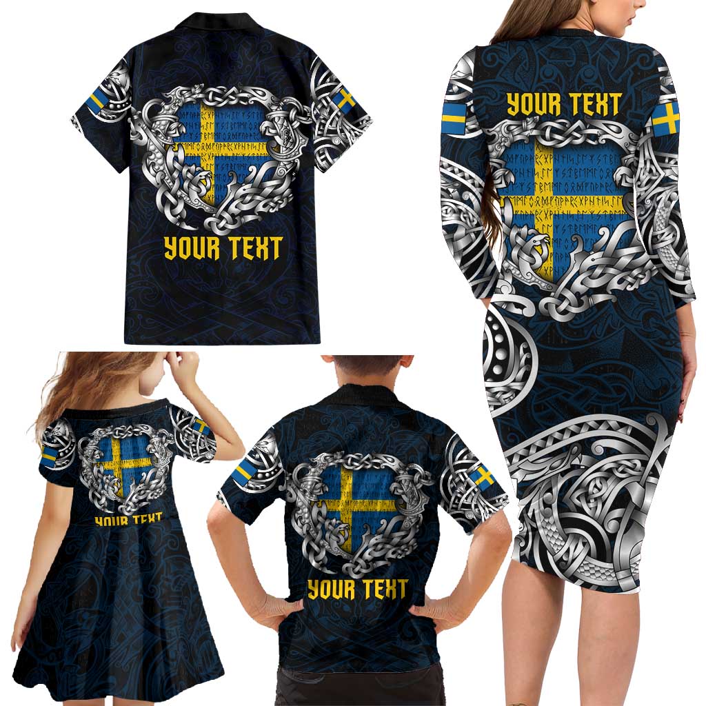 Personalized Sweden Viking Blood Family Matching Long Sleeve Bodycon Dress and Hawaiian Shirt Nordic Runes and Shield of Ancestry in Tribal Knotwork