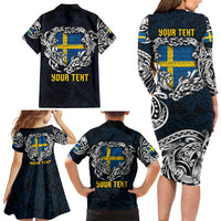 Personalized Sweden Viking Blood Family Matching Long Sleeve Bodycon Dress and Hawaiian Shirt Nordic Runes and Shield of Ancestry in Tribal Knotwork