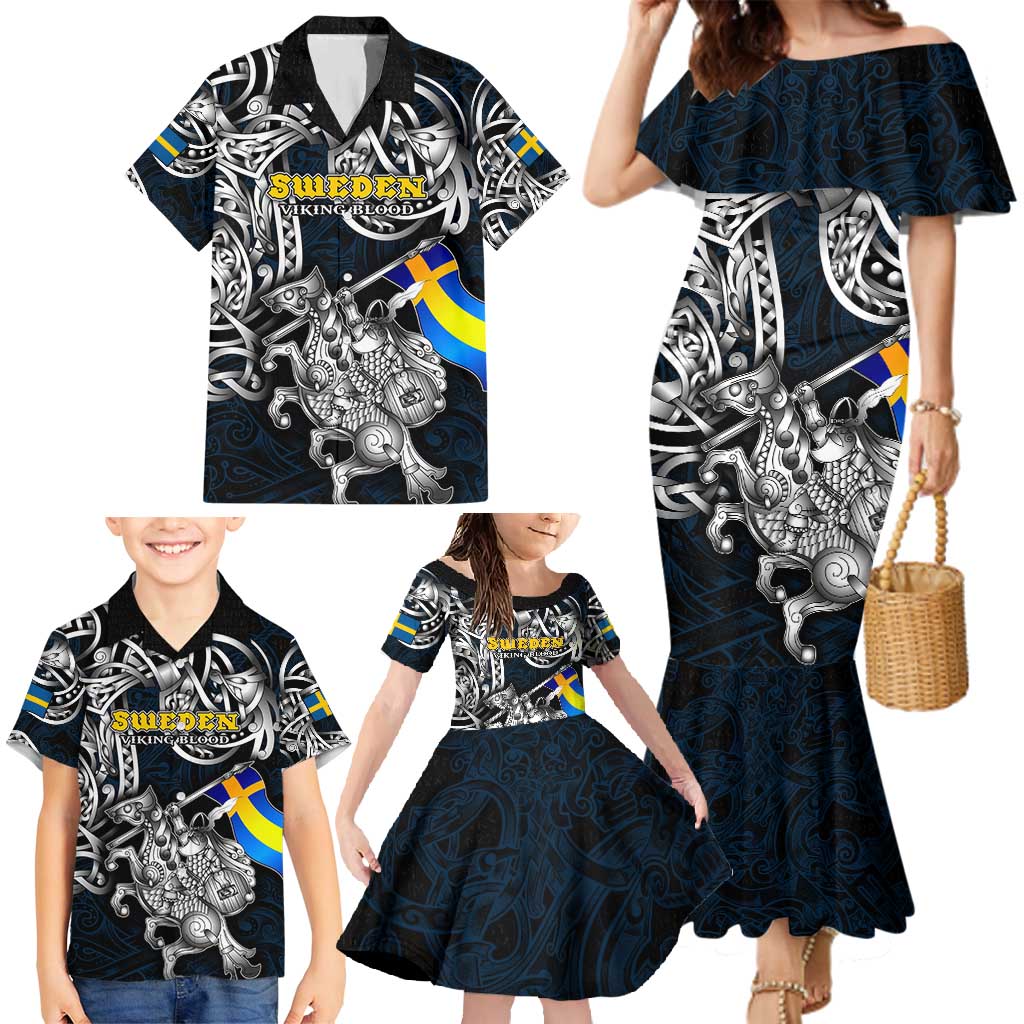 Personalized Sweden Viking Blood Family Matching Mermaid Dress and Hawaiian Shirt Nordic Runes and Shield of Ancestry in Tribal Knotwork