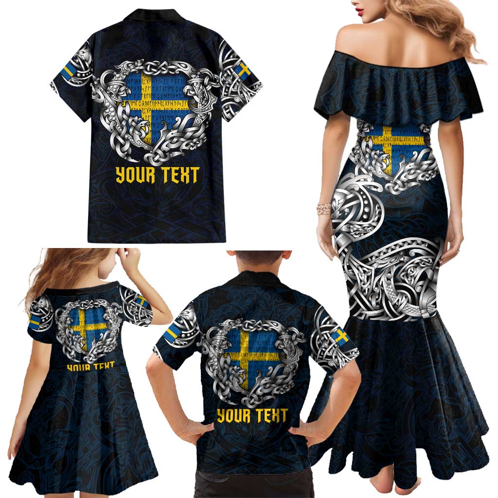 Personalized Sweden Viking Blood Family Matching Mermaid Dress and Hawaiian Shirt Nordic Runes and Shield of Ancestry in Tribal Knotwork