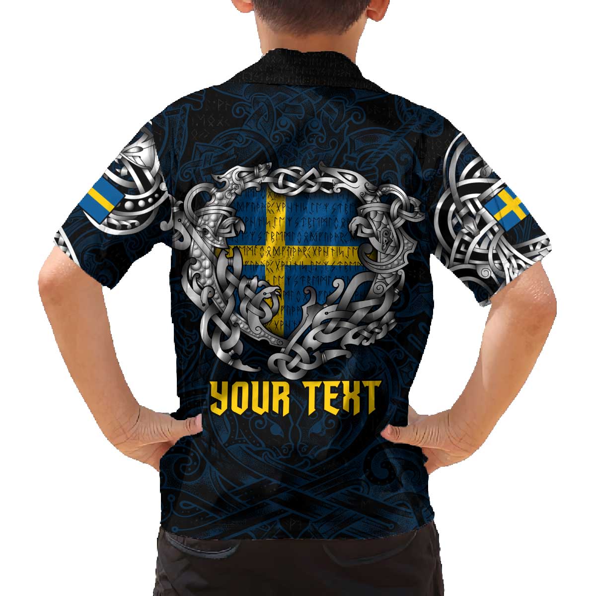 Personalized Sweden Viking Blood Family Matching Off The Shoulder Long Sleeve Dress and Hawaiian Shirt Nordic Runes and Shield of Ancestry in Tribal Knotwork