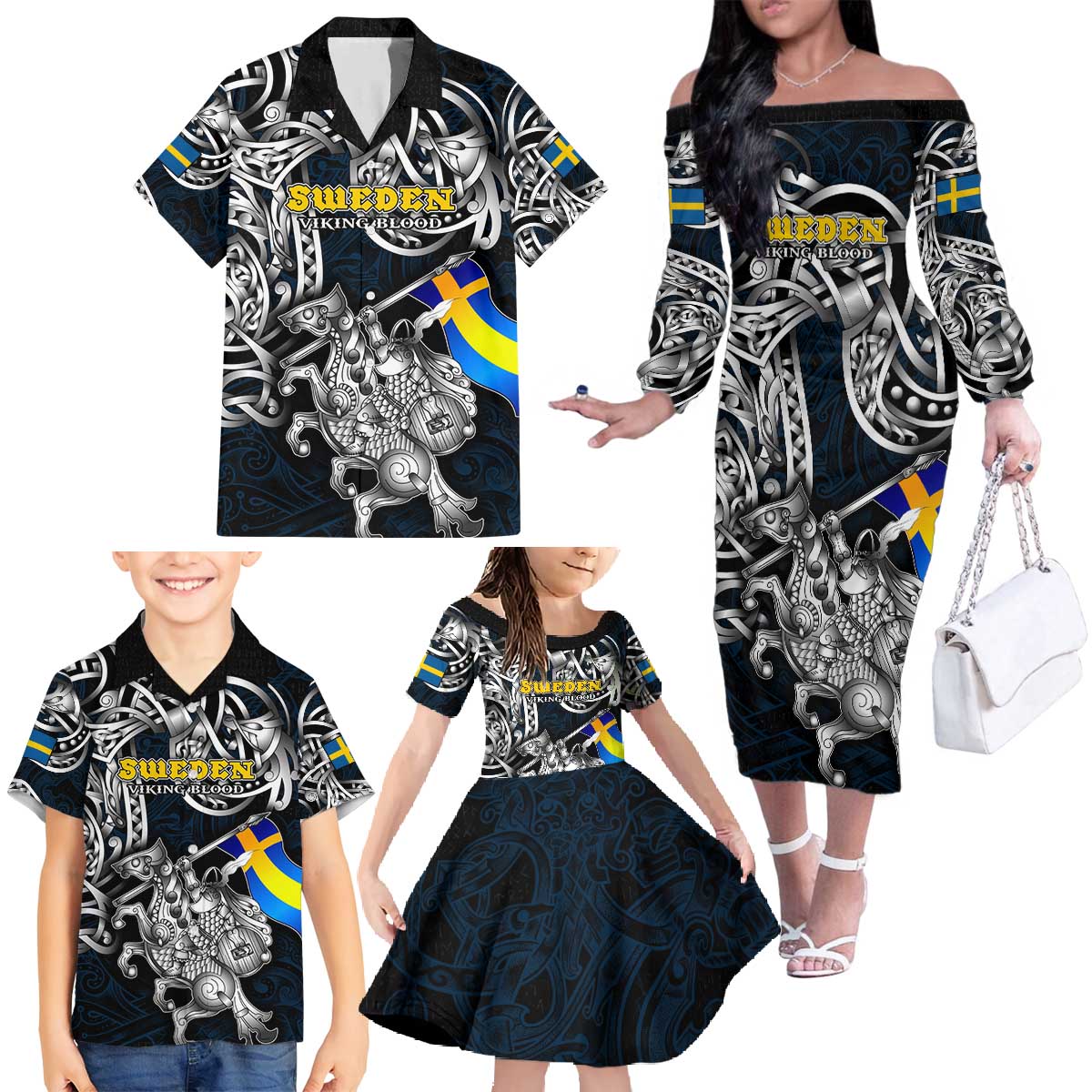 Personalized Sweden Viking Blood Family Matching Off The Shoulder Long Sleeve Dress and Hawaiian Shirt Nordic Runes and Shield of Ancestry in Tribal Knotwork