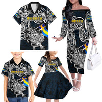 Personalized Sweden Viking Blood Family Matching Off The Shoulder Long Sleeve Dress and Hawaiian Shirt Nordic Runes and Shield of Ancestry in Tribal Knotwork