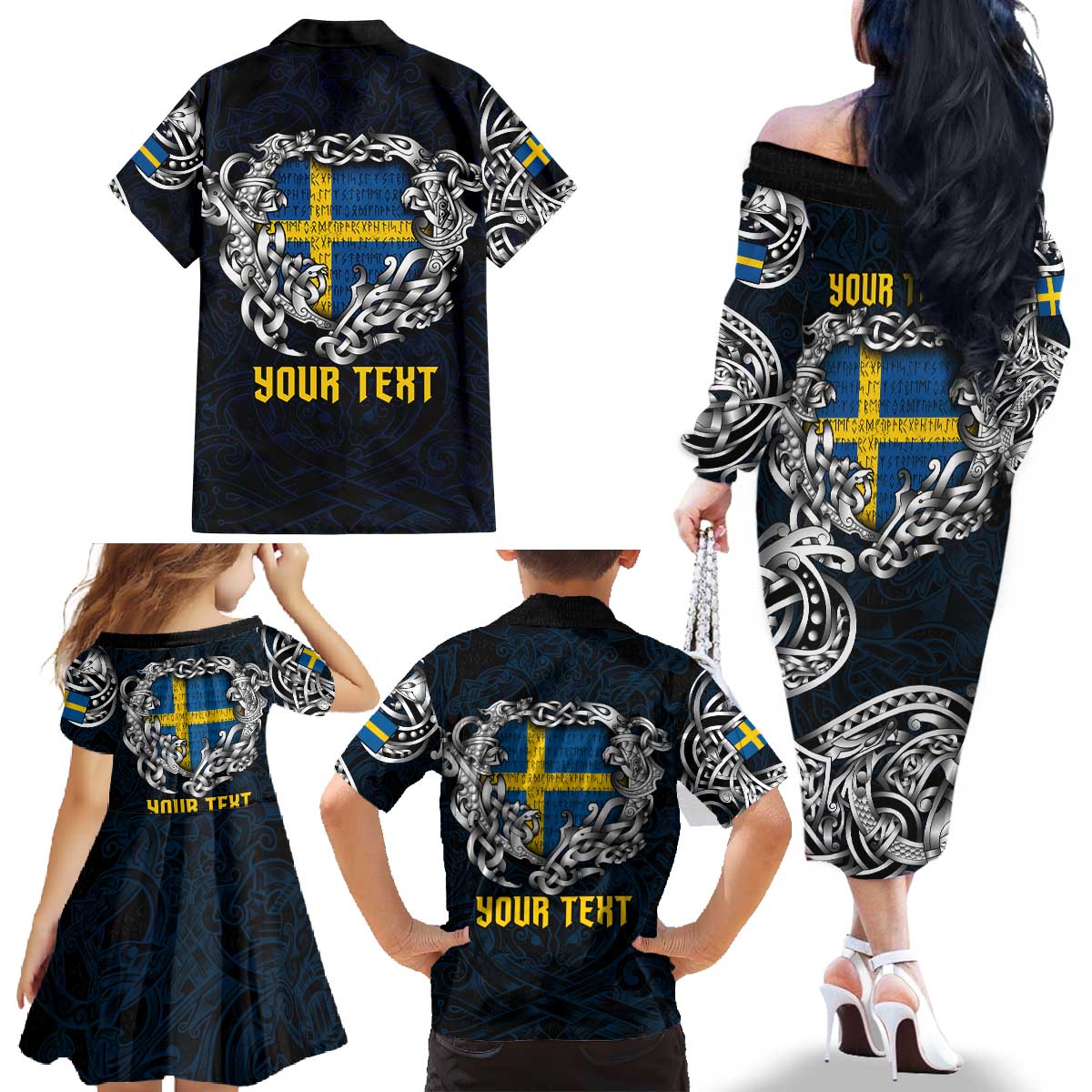 Personalized Sweden Viking Blood Family Matching Off The Shoulder Long Sleeve Dress and Hawaiian Shirt Nordic Runes and Shield of Ancestry in Tribal Knotwork