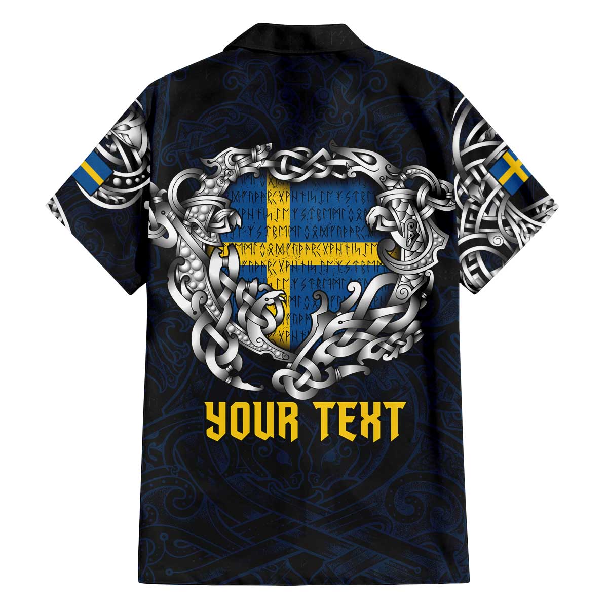 Personalized Sweden Viking Blood Family Matching Off The Shoulder Long Sleeve Dress and Hawaiian Shirt Nordic Runes and Shield of Ancestry in Tribal Knotwork