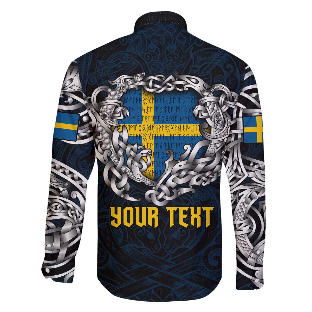 Personalized Sweden Viking Blood Family Matching Off The Shoulder Long Sleeve Dress and Hawaiian Shirt Nordic Runes and Shield of Ancestry in Tribal Knotwork