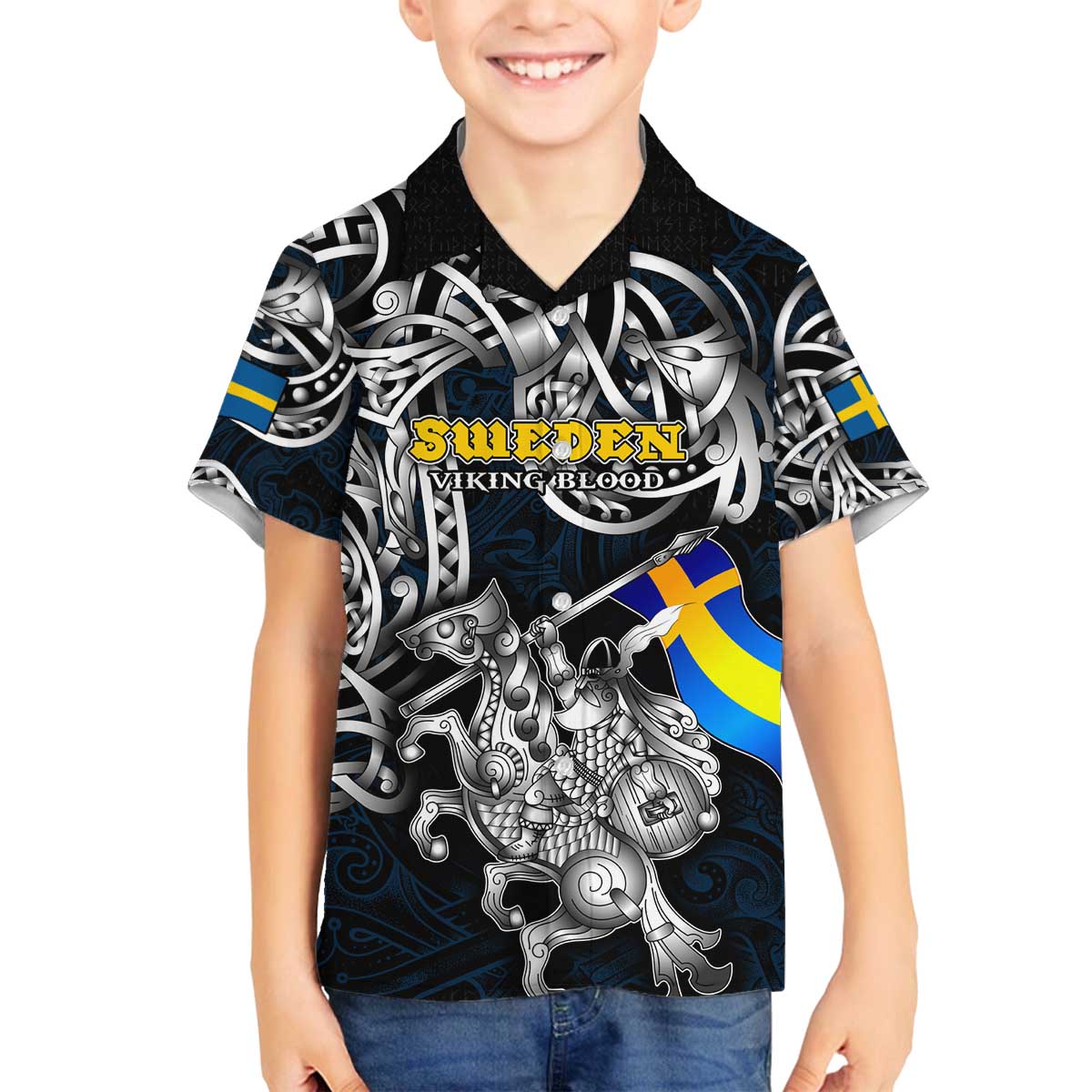 Personalized Sweden Viking Blood Family Matching Off The Shoulder Long Sleeve Dress and Hawaiian Shirt Nordic Runes and Shield of Ancestry in Tribal Knotwork