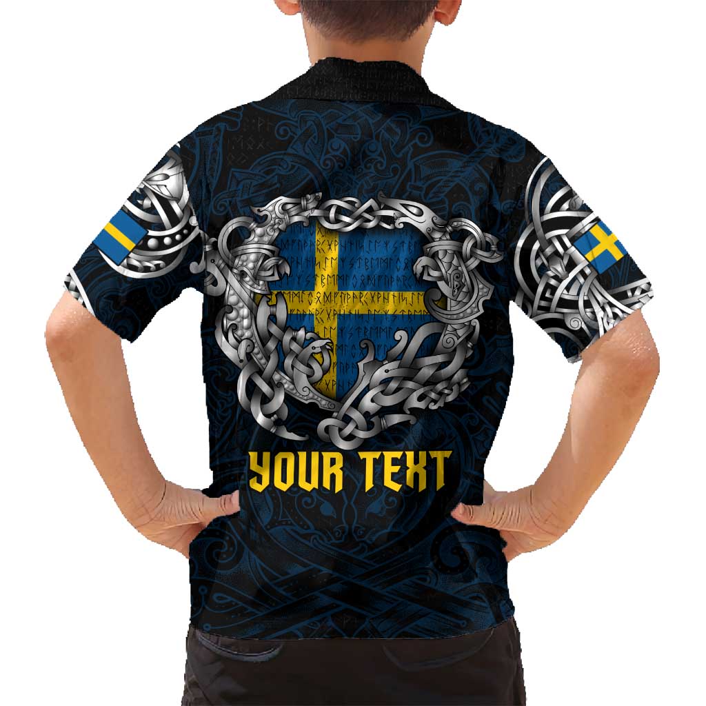 Personalized Sweden Viking Blood Family Matching Off Shoulder Maxi Dress and Hawaiian Shirt Nordic Runes and Shield of Ancestry in Tribal Knotwork