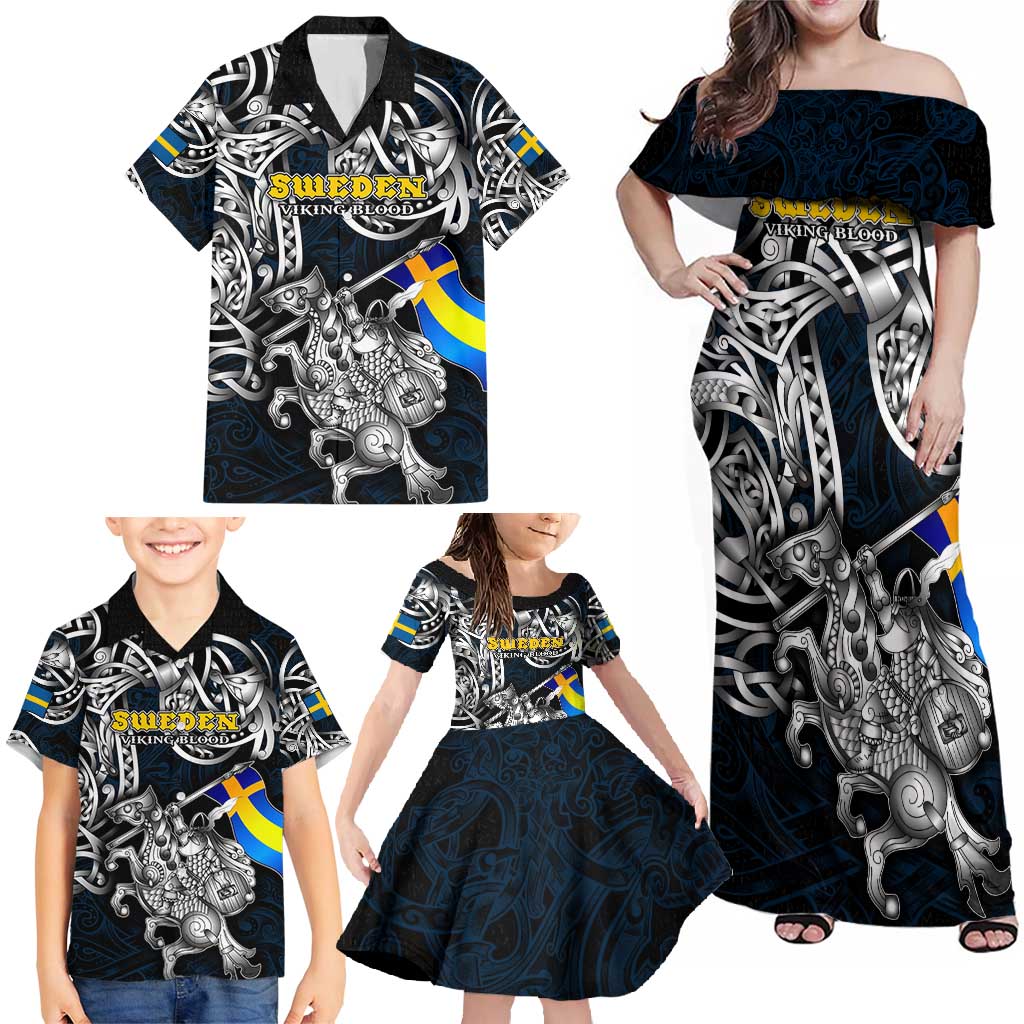 Personalized Sweden Viking Blood Family Matching Off Shoulder Maxi Dress and Hawaiian Shirt Nordic Runes and Shield of Ancestry in Tribal Knotwork
