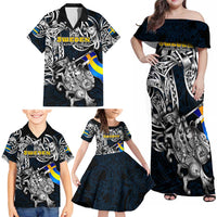 Personalized Sweden Viking Blood Family Matching Off Shoulder Maxi Dress and Hawaiian Shirt Nordic Runes and Shield of Ancestry in Tribal Knotwork