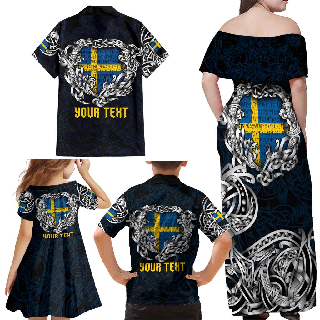 Personalized Sweden Viking Blood Family Matching Off Shoulder Maxi Dress and Hawaiian Shirt Nordic Runes and Shield of Ancestry in Tribal Knotwork