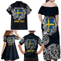 Personalized Sweden Viking Blood Family Matching Off Shoulder Maxi Dress and Hawaiian Shirt Nordic Runes and Shield of Ancestry in Tribal Knotwork