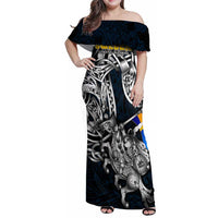 Personalized Sweden Viking Blood Family Matching Off Shoulder Maxi Dress and Hawaiian Shirt Nordic Runes and Shield of Ancestry in Tribal Knotwork