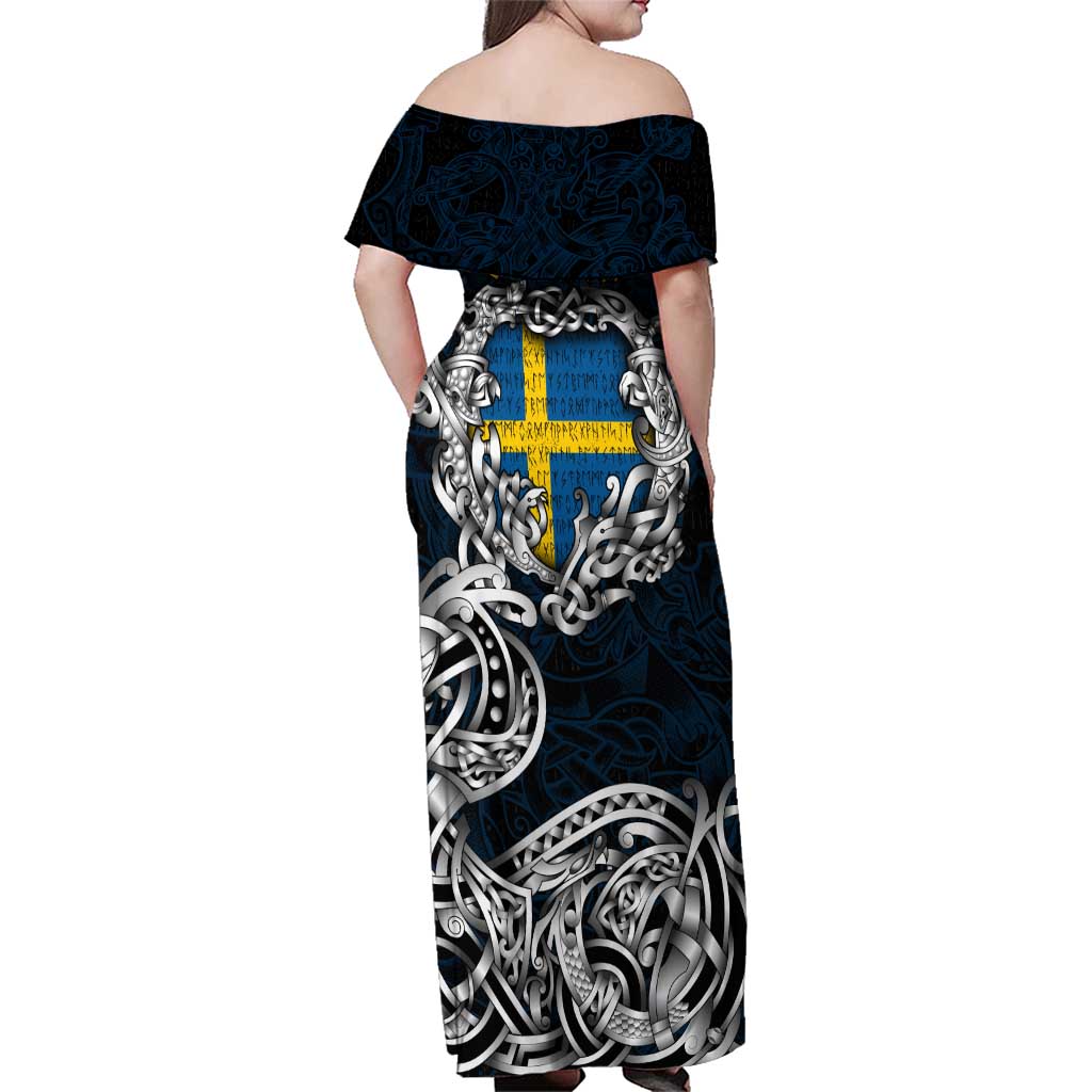Personalized Sweden Viking Blood Family Matching Off Shoulder Maxi Dress and Hawaiian Shirt Nordic Runes and Shield of Ancestry in Tribal Knotwork