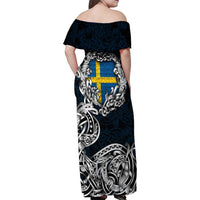 Personalized Sweden Viking Blood Family Matching Off Shoulder Maxi Dress and Hawaiian Shirt Nordic Runes and Shield of Ancestry in Tribal Knotwork