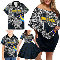 Personalized Sweden Viking Blood Family Matching Off Shoulder Short Dress and Hawaiian Shirt Nordic Runes and Shield of Ancestry in Tribal Knotwork