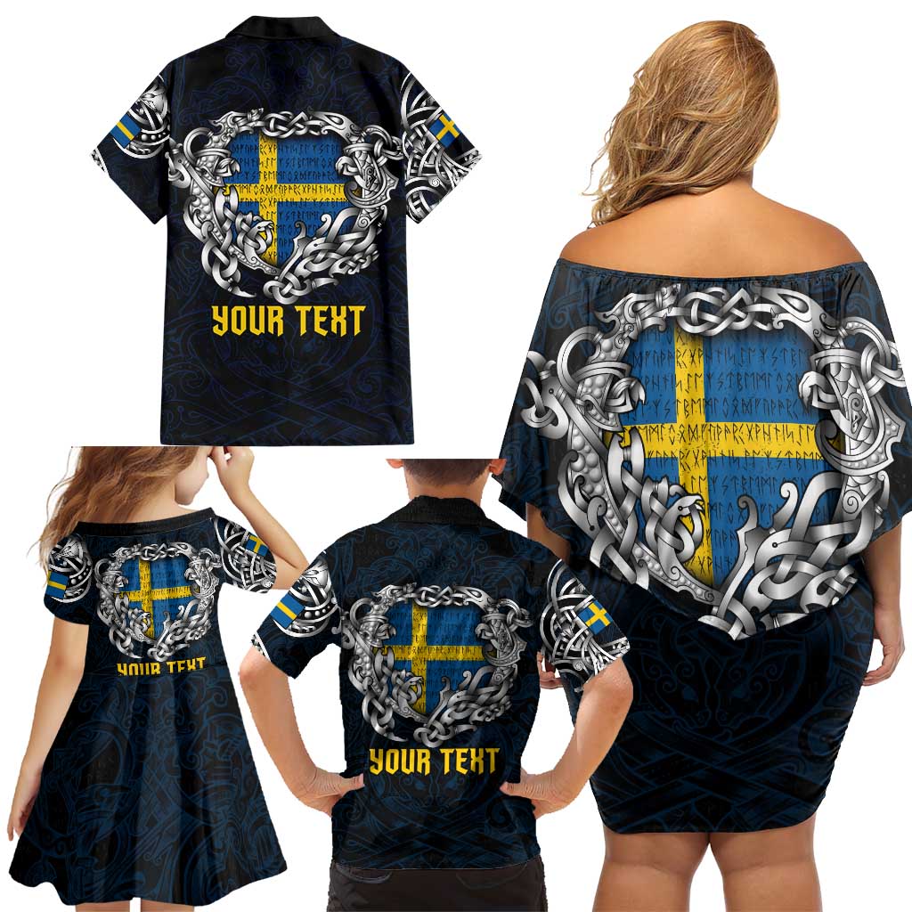 Personalized Sweden Viking Blood Family Matching Off Shoulder Short Dress and Hawaiian Shirt Nordic Runes and Shield of Ancestry in Tribal Knotwork