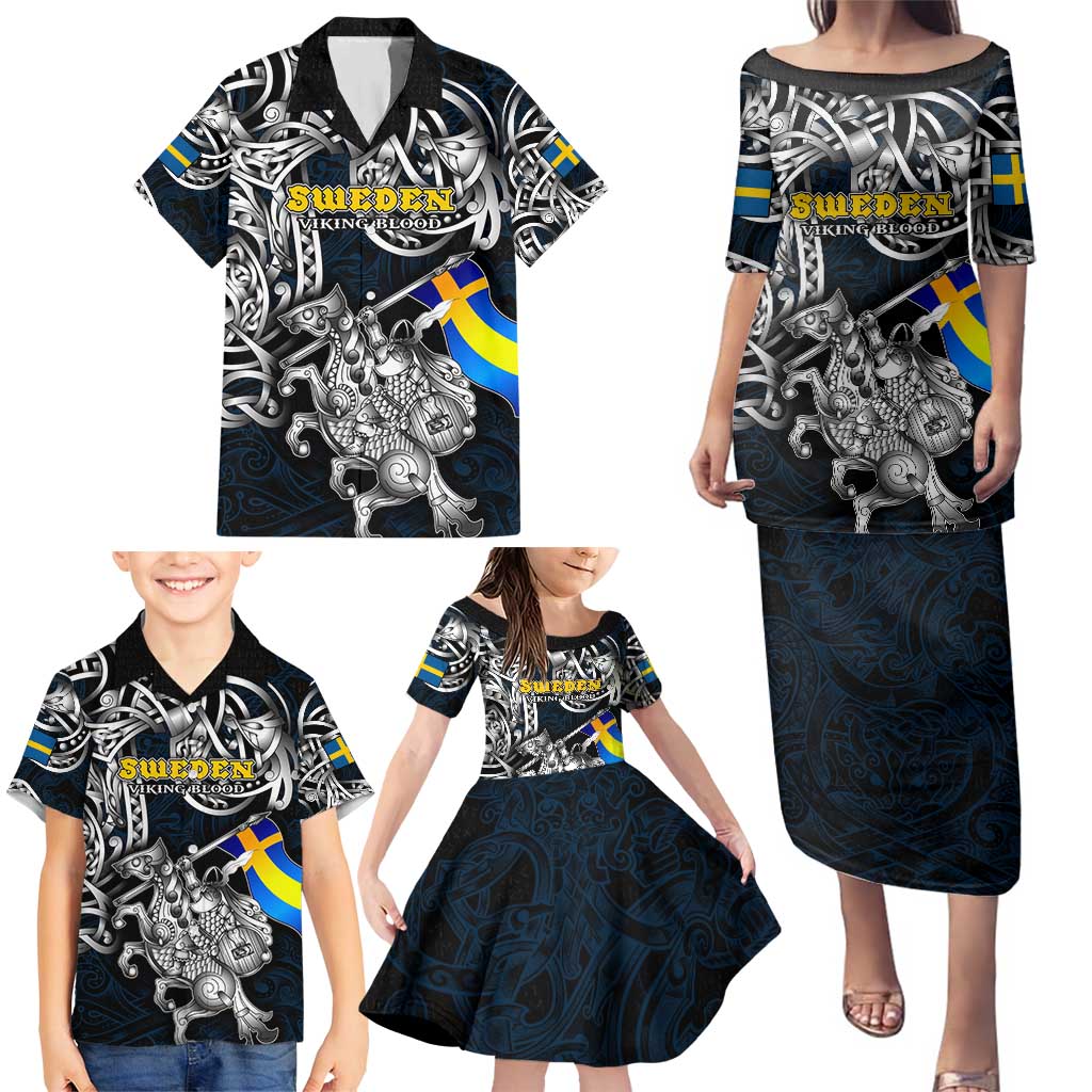 Personalized Sweden Viking Blood Family Matching Puletasi and Hawaiian Shirt Nordic Runes and Shield of Ancestry in Tribal Knotwork