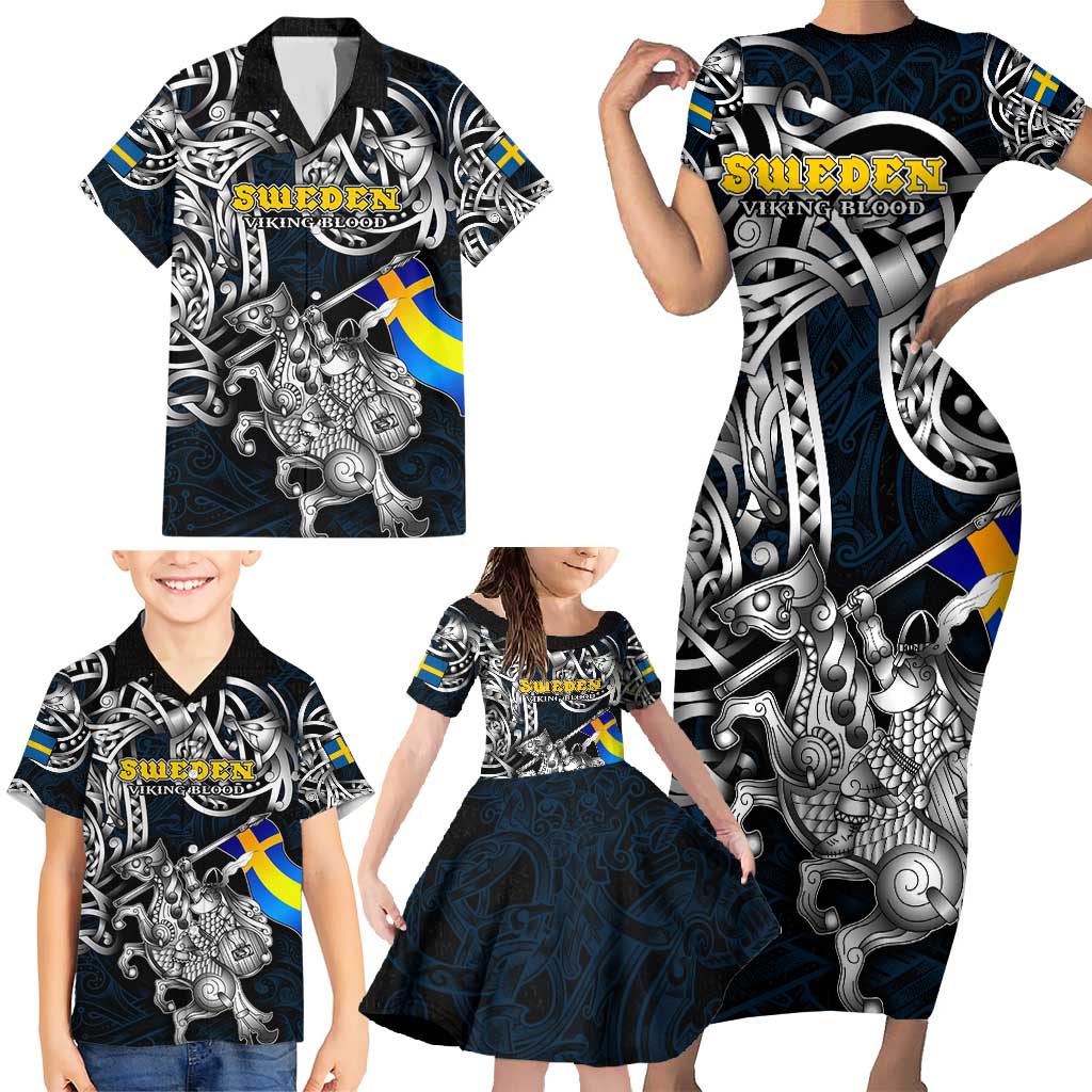 Personalized Sweden Viking Blood Family Matching Short Sleeve Bodycon Dress and Hawaiian Shirt Nordic Runes and Shield of Ancestry in Tribal Knotwork