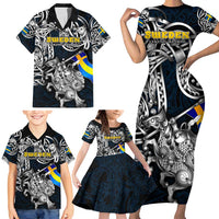 Personalized Sweden Viking Blood Family Matching Short Sleeve Bodycon Dress and Hawaiian Shirt Nordic Runes and Shield of Ancestry in Tribal Knotwork