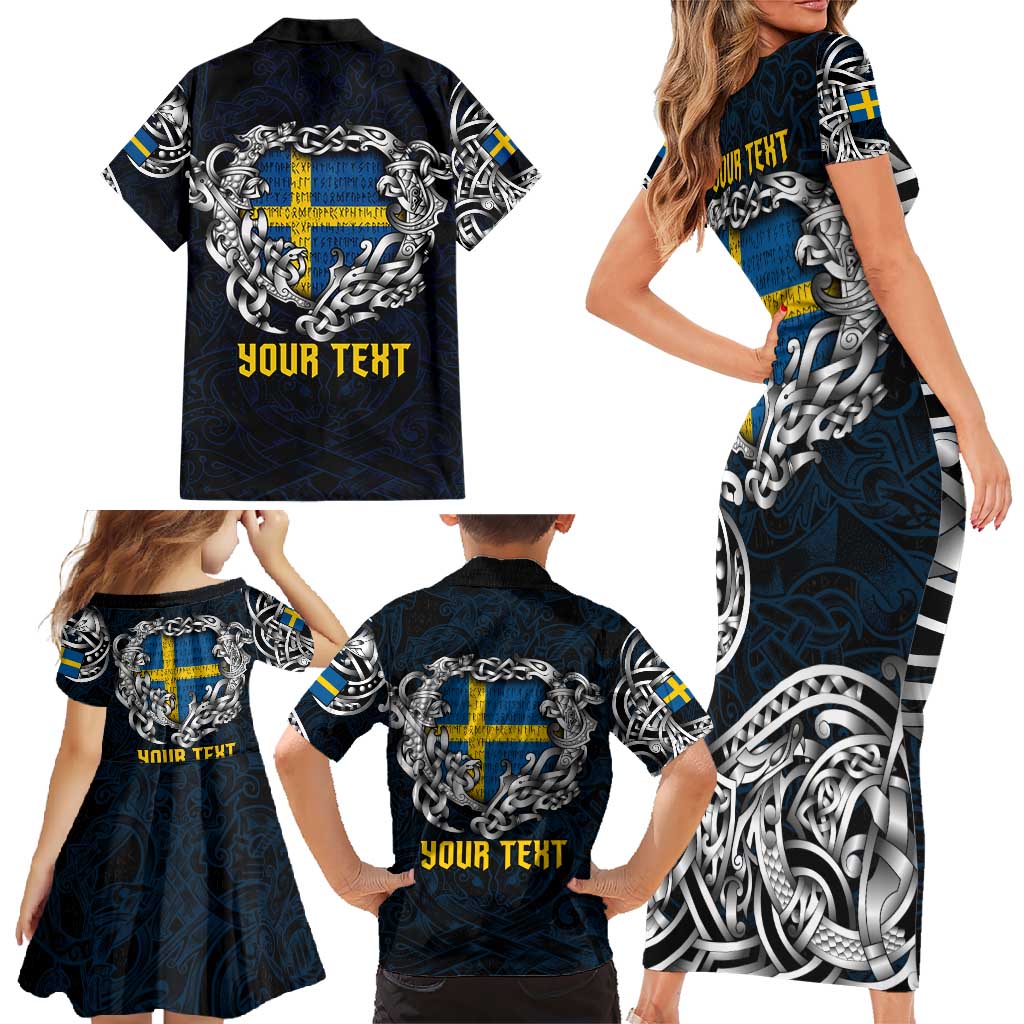 Personalized Sweden Viking Blood Family Matching Short Sleeve Bodycon Dress and Hawaiian Shirt Nordic Runes and Shield of Ancestry in Tribal Knotwork